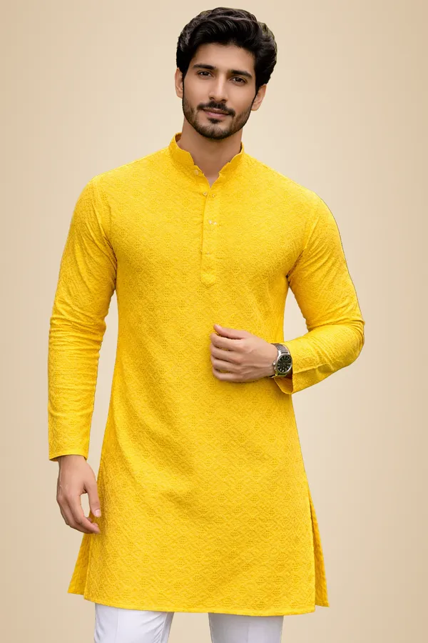 Mens_Yellow_all_Over_Diamond_Shaped_Patterned_Chikankari_Kurta