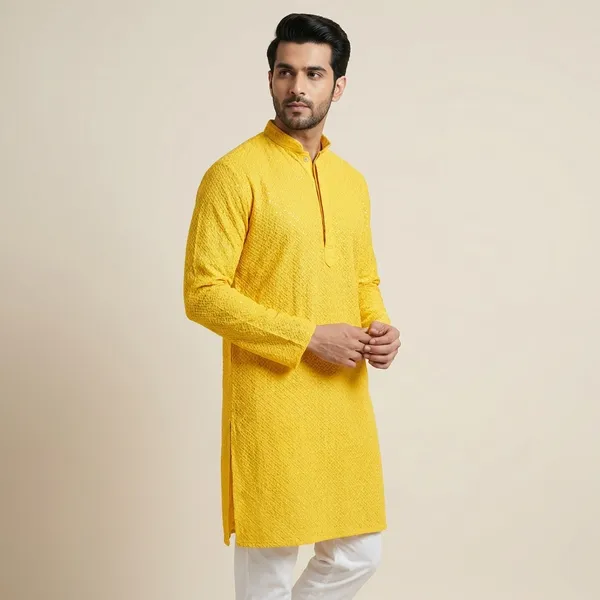 Mens_Yellow_Waffle_Shaped_Patterned_Chikankari_Kurta