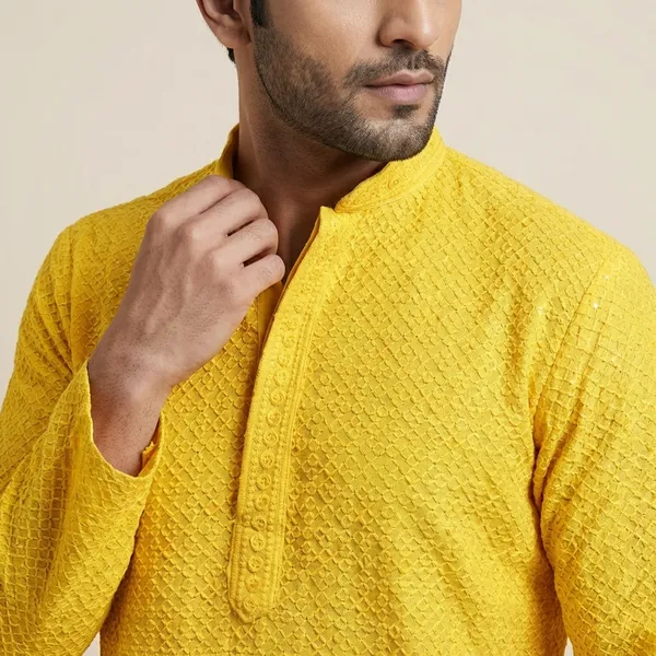 Mens_Yellow_Waffle_Shaped_Patterned_Chikankari_Kurta