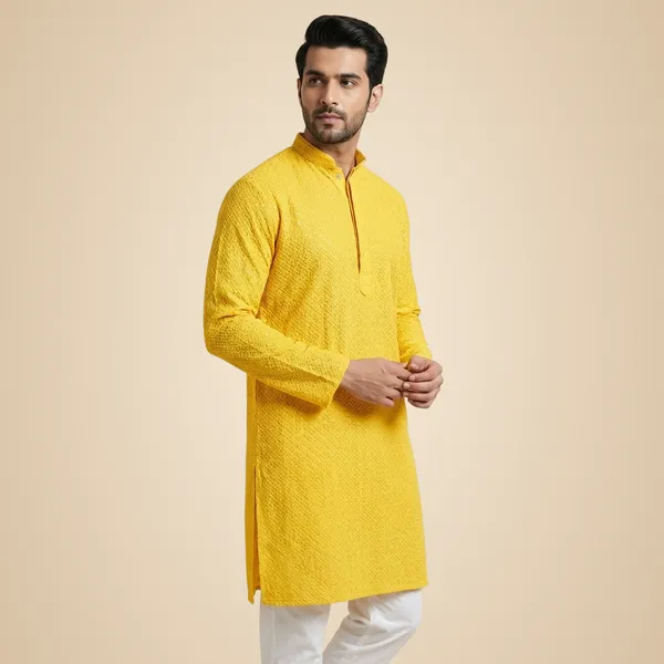Mens_Yellow_Waffle_Shaped_Patterned_Chikankari_Kurta