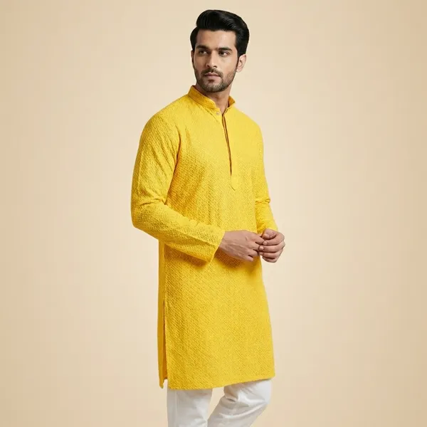 Mens_Yellow_Waffle_Shaped_Patterned_Chikankari_Kurta