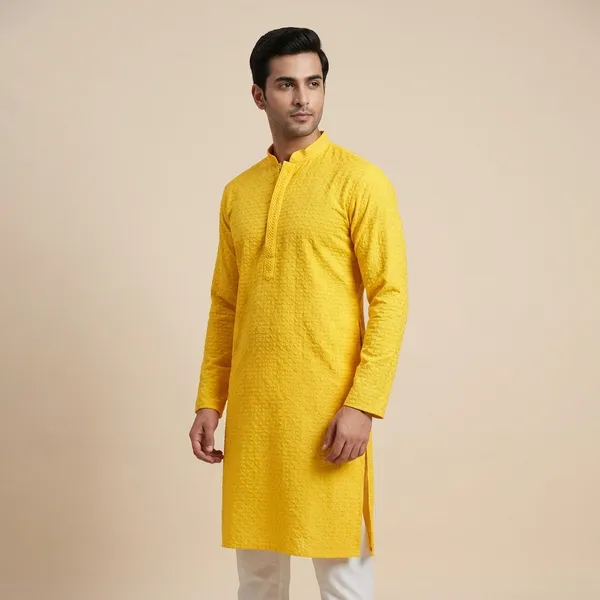 Mens_Yellow_Basket_Weave_Shaped_Patterned_Chikankari_Kurta