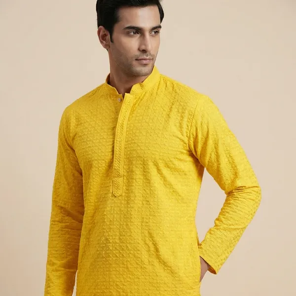 Mens_Yellow_Basket_Weave_Shaped_Patterned_Chikankari_Kurta