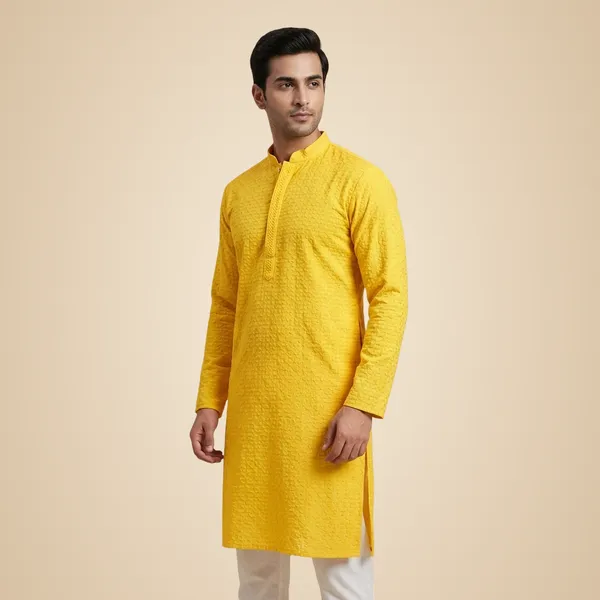 Mens_Yellow_Basket_Weave_Shaped_Patterned_Chikankari_Kurta