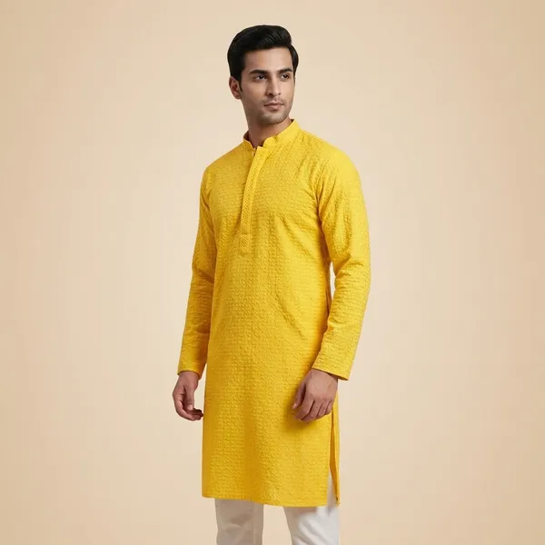 Mens_Yellow_Basket_Weave_Shaped_Patterned_Chikankari_Kurta