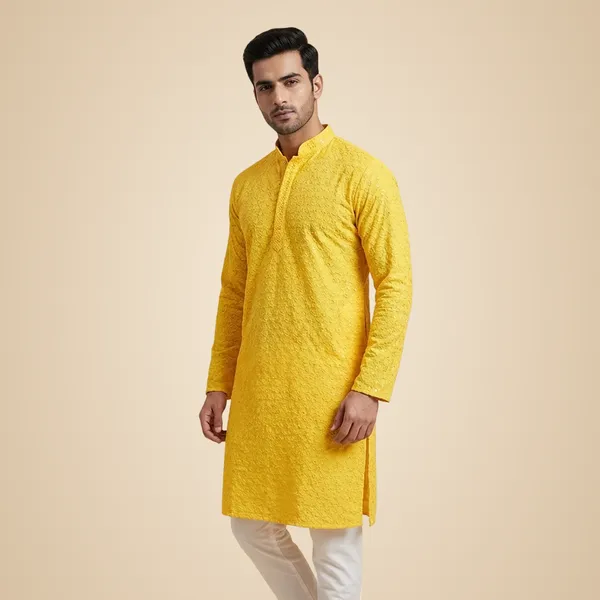 Mens_Yellow_Flower_Shaped_Patterned_Chikankari_Kurta