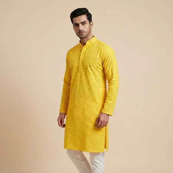 Mens_Yellow_Flower_Shaped_Patterned_Chikankari_Kurta