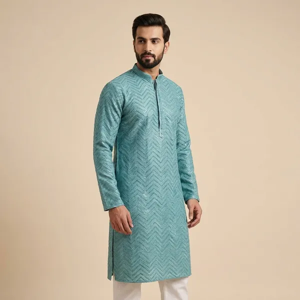 Mens_Turquoise_Zig_Zag_Patterned_Sequence_Embroidered_Kurta