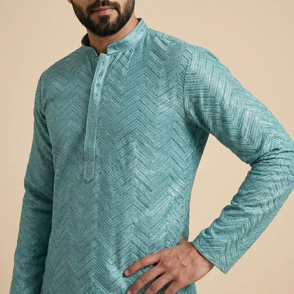 Mens_Turquoise_Zig_Zag_Patterned_Sequence_Embroidered_Kurta