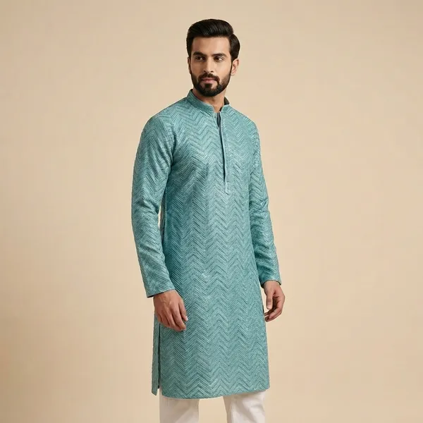 Mens_Turquoise_Zig_Zag_Patterned_Sequence_Embroidered_Kurta