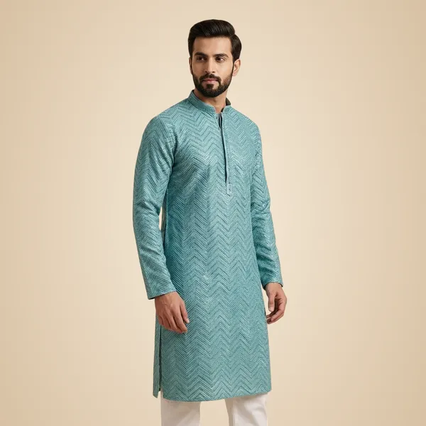 Mens_Turquoise_Zig_Zag_Patterned_Sequence_Embroidered_Kurta