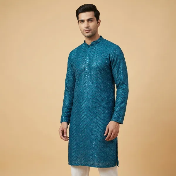 Mens_Peacock_Blue_Zig_Zag_Patterned_Sequence_Embroidered_Kurta