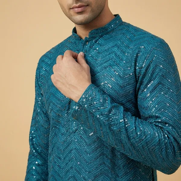Mens_Peacock_Blue_Zig_Zag_Patterned_Sequence_Embroidered_Kurta