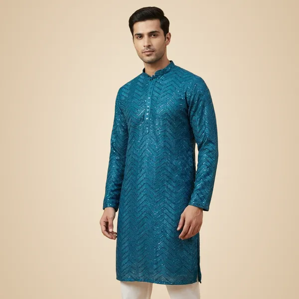 Mens_Peacock_Blue_Zig_Zag_Patterned_Sequence_Embroidered_Kurta