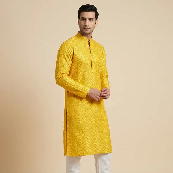 Mens_Yellow_Zig_Zag_Patterned_Sequence_Embroidered_Kurta