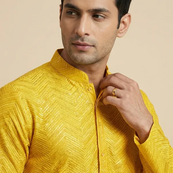 Mens_Yellow_Zig_Zag_Patterned_Sequence_Embroidered_Kurta