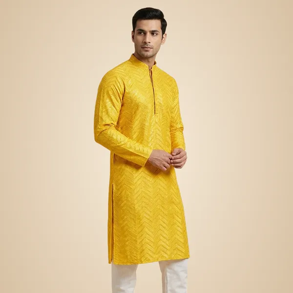 Mens_Yellow_Zig_Zag_Patterned_Sequence_Embroidered_Kurta