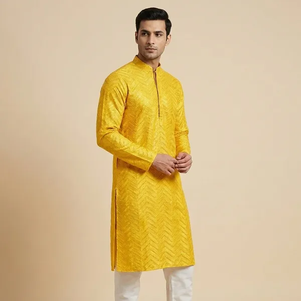 Mens_Yellow_Zig_Zag_Patterned_Sequence_Embroidered_Kurta
