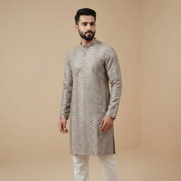 Mens_Taupe_Zig_Zag_Patterned_Sequence_Embroidered_Kurta