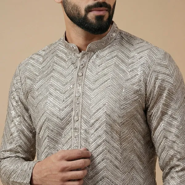 Mens_Taupe_Zig_Zag_Patterned_Sequence_Embroidered_Kurta