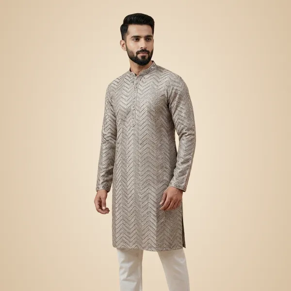 Mens_Taupe_Zig_Zag_Patterned_Sequence_Embroidered_Kurta