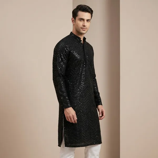 Mens_Black_Zig_Zag_Patterned_Sequence_Embroidered_Kurta