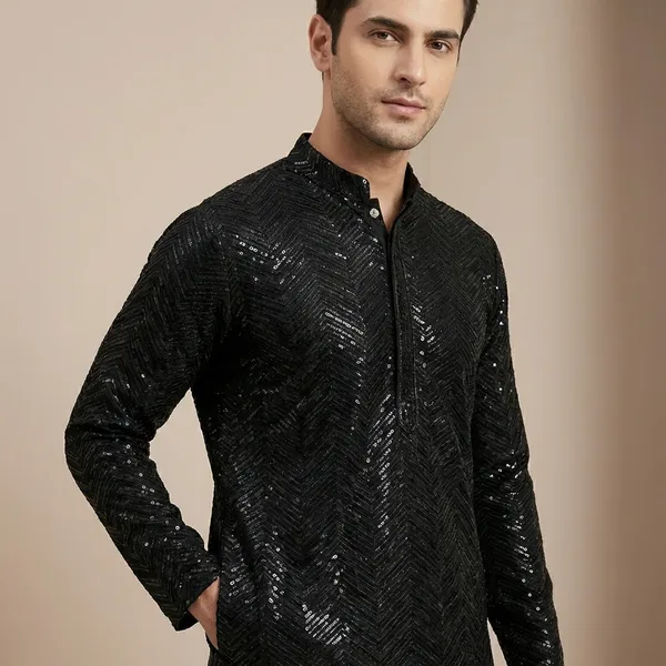 Mens_Black_Zig_Zag_Patterned_Sequence_Embroidered_Kurta