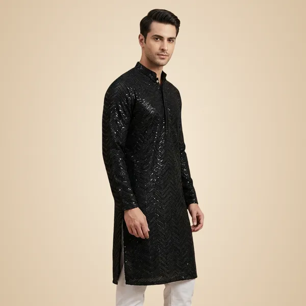 Mens_Black_Zig_Zag_Patterned_Sequence_Embroidered_Kurta