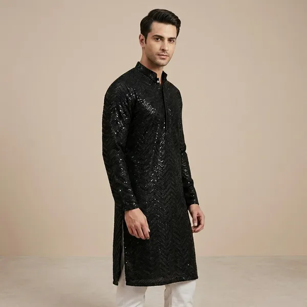 Mens_Black_Zig_Zag_Patterned_Sequence_Embroidered_Kurta