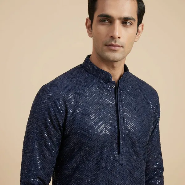 Mens_Navy_Blue_Zig_Zag_Patterned_Sequence_Embroidered_Kurta