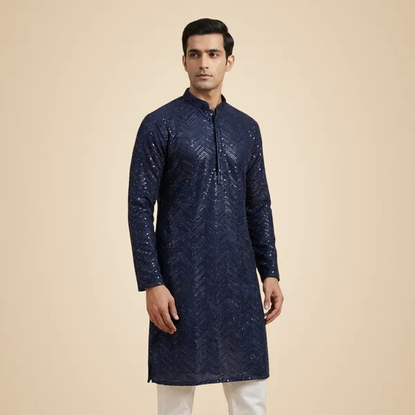 Mens_Navy_Blue_Zig_Zag_Patterned_Sequence_Embroidered_Kurta