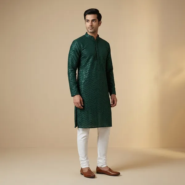 Mens_Emerald_Green_Zig_Zag_Patterned_Sequence_Embroidered_Kurta