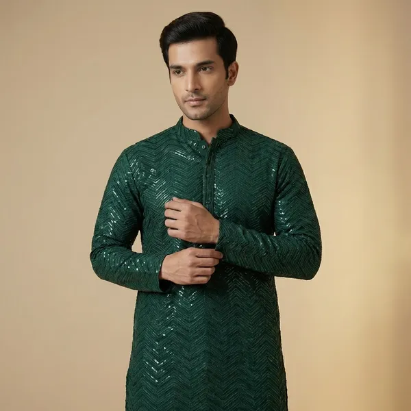 Mens_Emerald_Green_Zig_Zag_Patterned_Sequence_Embroidered_Kurta