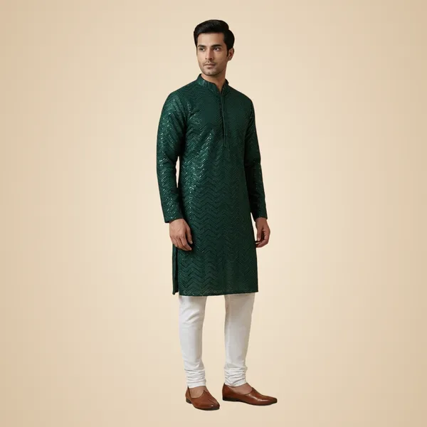 Mens_Emerald_Green_Zig_Zag_Patterned_Sequence_Embroidered_Kurta