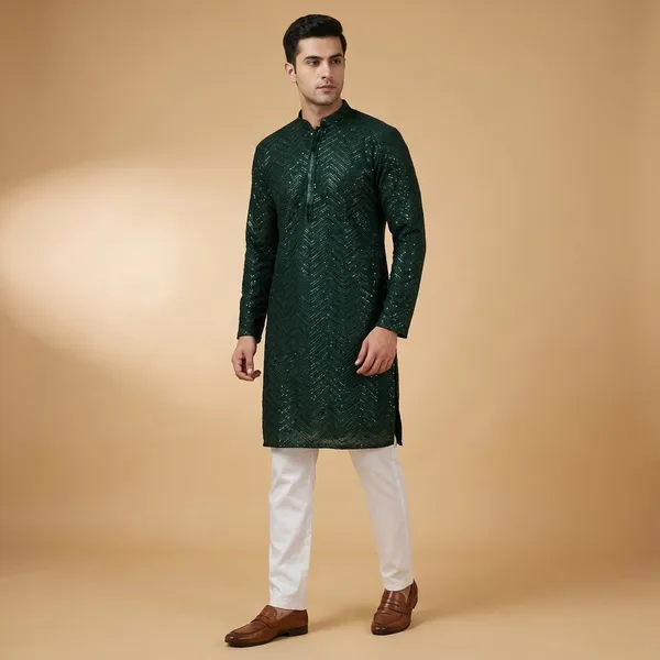 Mens_Emerald_Green_Zig_Zag_Patterned_Sequence_Embroidered_Kurta
