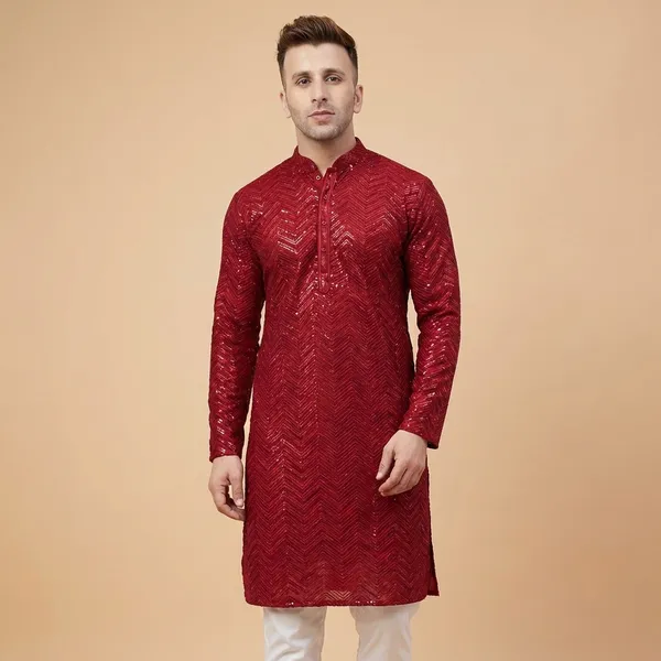 Mens_Maroon_Zig_Zag_Patterned_Sequence_Embroidered_Kurta