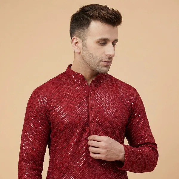 Mens_Maroon_Zig_Zag_Patterned_Sequence_Embroidered_Kurta