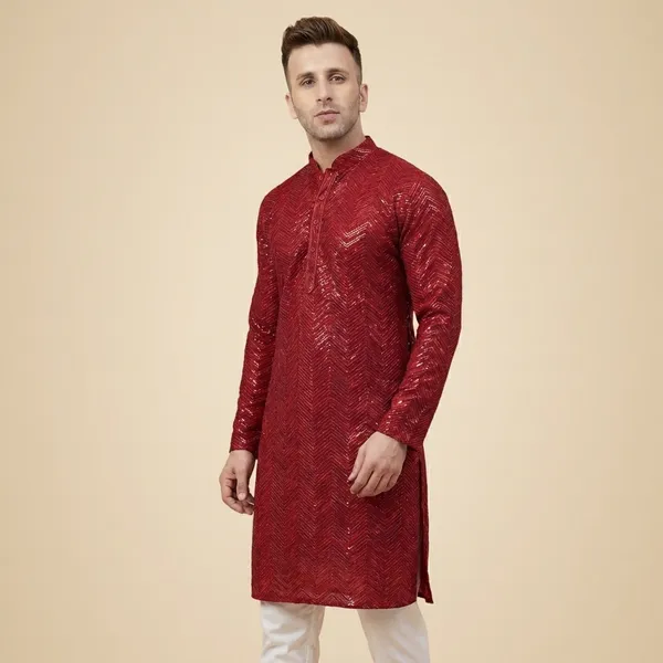 Mens_Maroon_Zig_Zag_Patterned_Sequence_Embroidered_Kurta