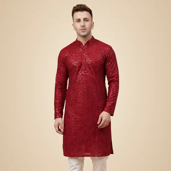 Mens_Maroon_Zig_Zag_Patterned_Sequence_Embroidered_Kurta