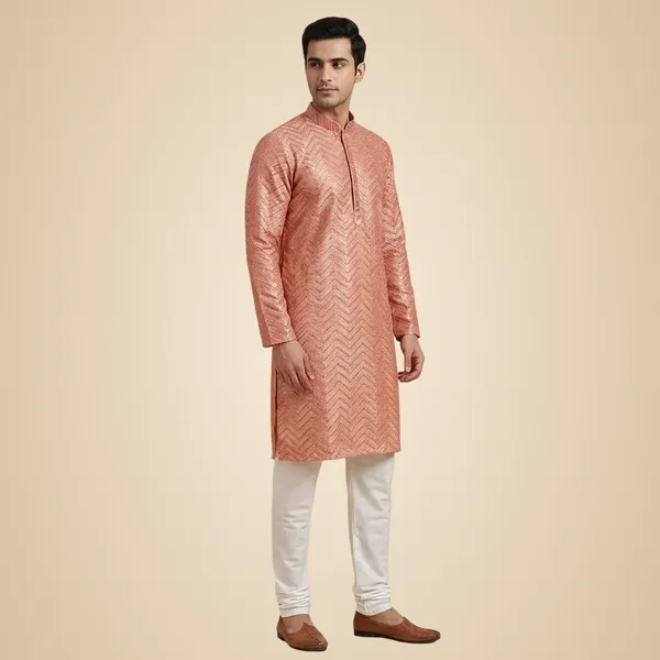 Mens_Peach_Zig_Zag_Patterned_Sequence_Embroidered_Kurta