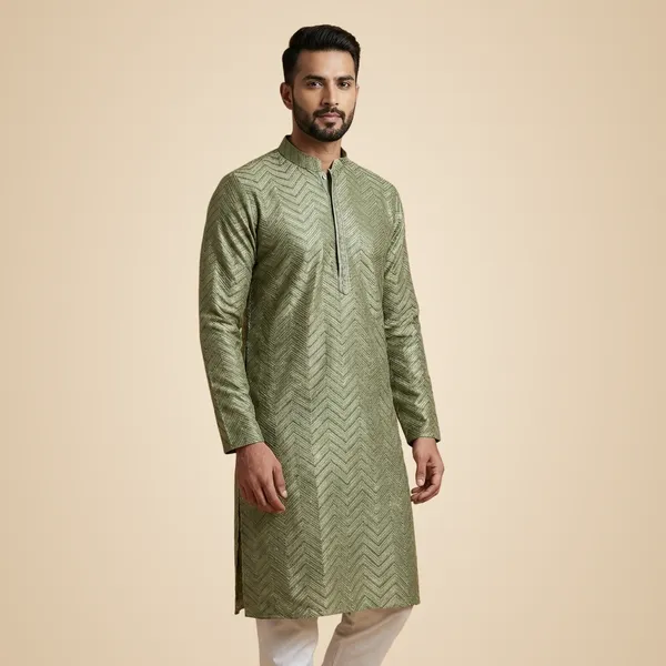 Mens_Mint_Green_Zig_Zag_Patterned_Sequence_Embroidered_Kurta