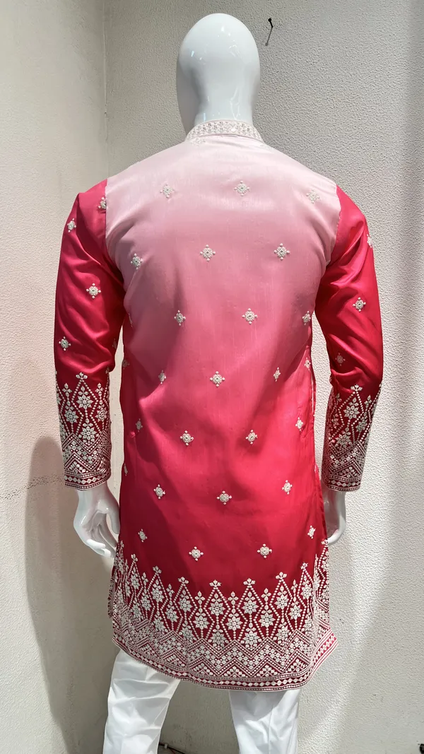 Men's_Pink_Ombre_Silk_Kurta_with_White_Ornate_Embroidery