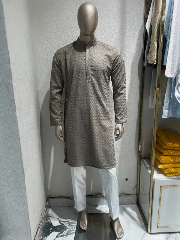 Mens_Taupe_Geometric_Patterned_Sequence_Embroidered_Kurta