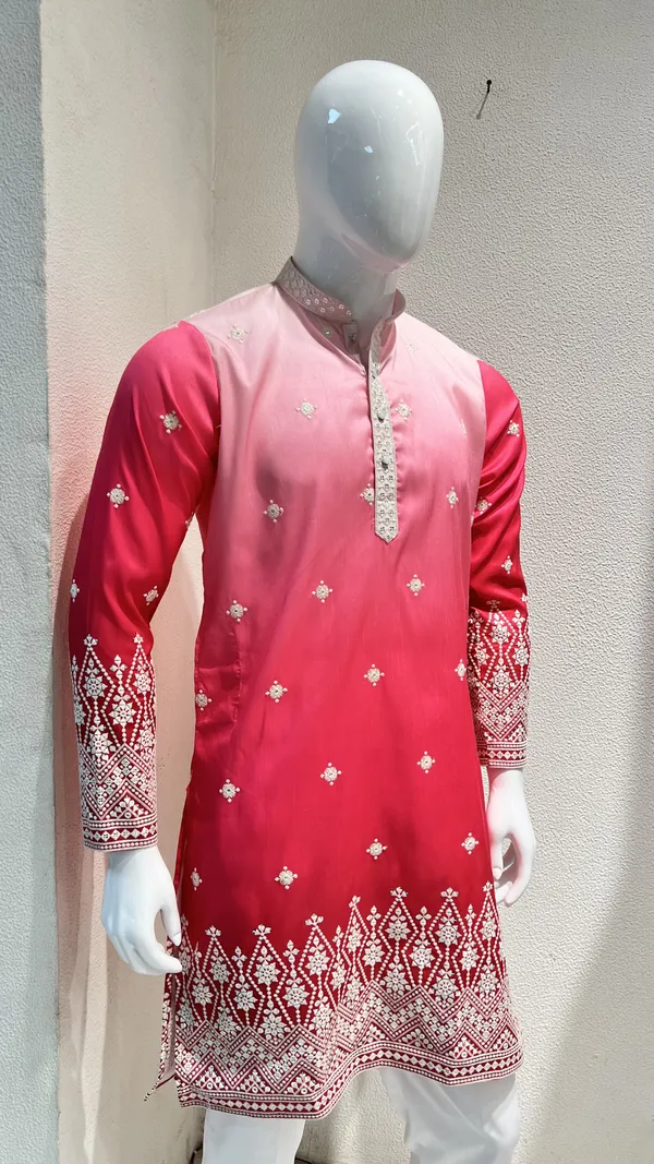 Men's_Pink_Ombre_Silk_Kurta_with_White_Ornate_Embroidery