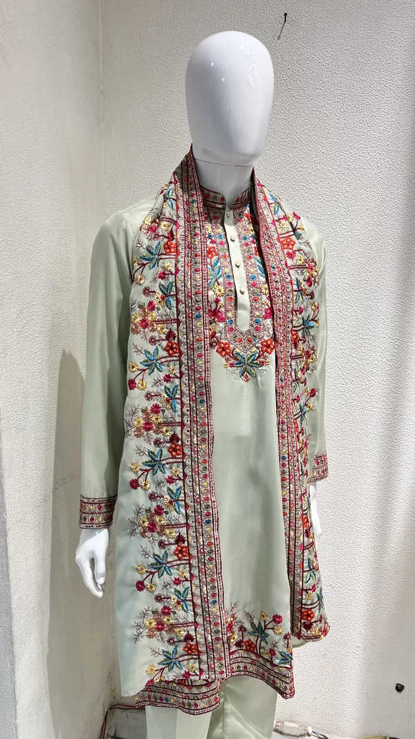 Men's_Pista_Green_Wedding/Festive_Ready_to_Wear_Kurta_Pant_and_Dupatta_Set_with_Heavy_Embroidery