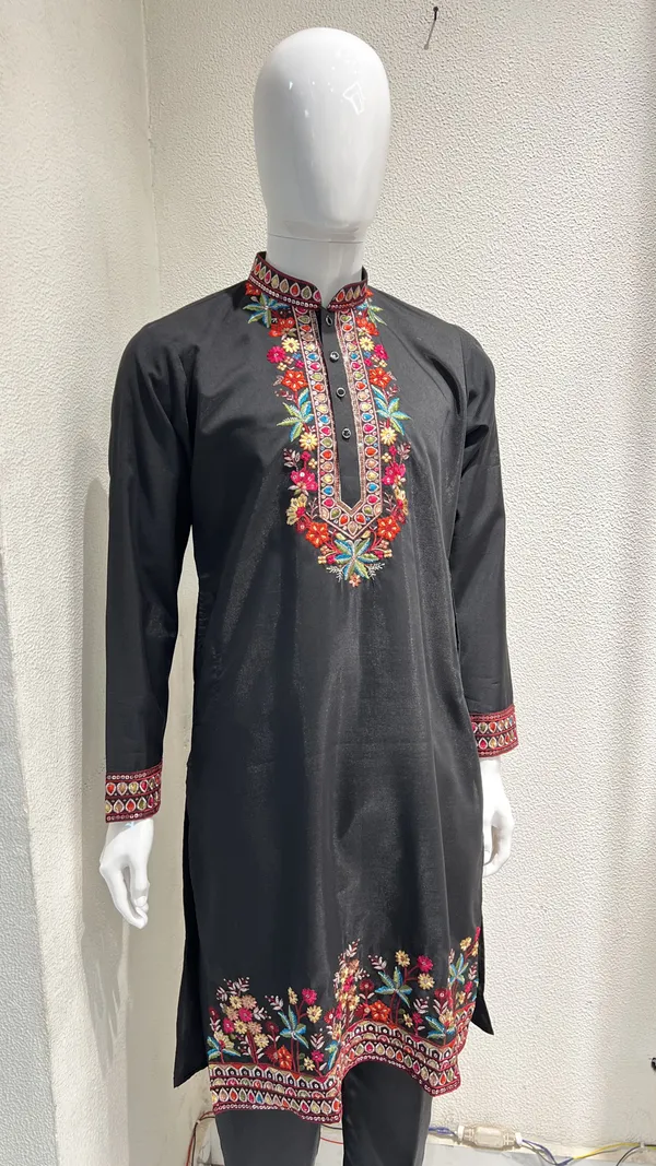 Men's_Black_Wedding_And_Festive_Ready_to_Wear_Kurta_Pant_and_Dupatta_Set_with_Heavy_Embroidery