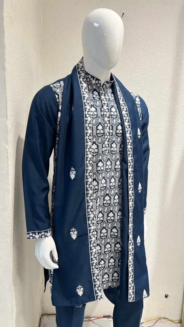 Men's_Navy_Blue_Wedding,_Festive_Ready_to_Wear_Kurta_Pant_and_Dupatta_Set_with_Heavy_Embroidery