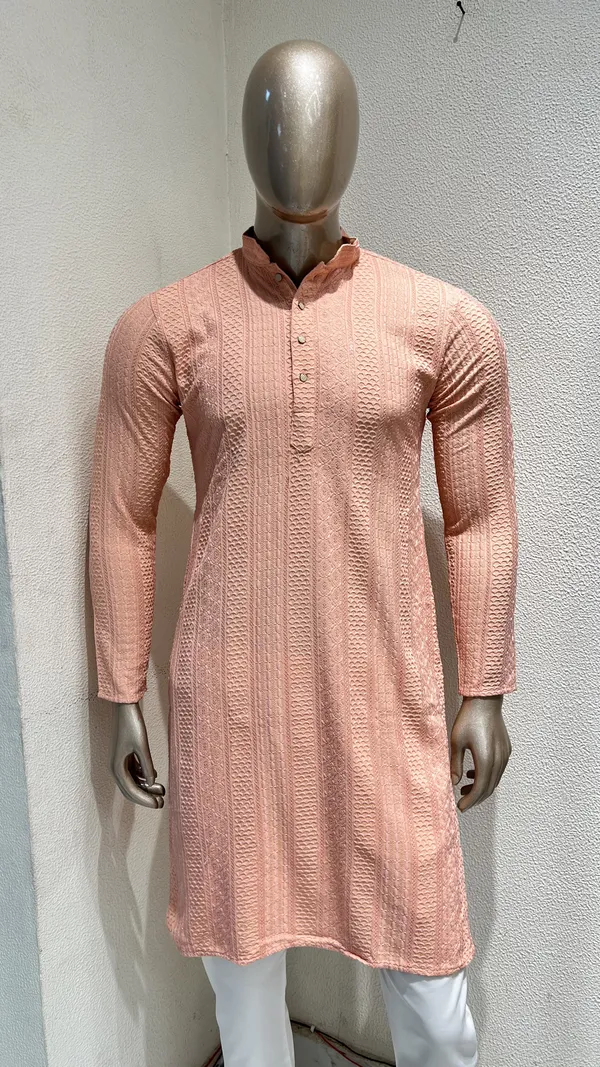 Mens_Peach_Striped_Patterned_Embroidered_Kurta