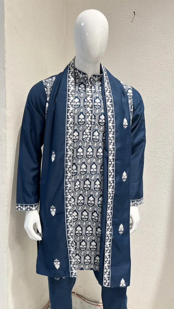 Men's_Navy_Blue_Wedding,_Festive_Ready_to_Wear_Kurta_Pant_and_Dupatta_Set_with_Heavy_Embroidery