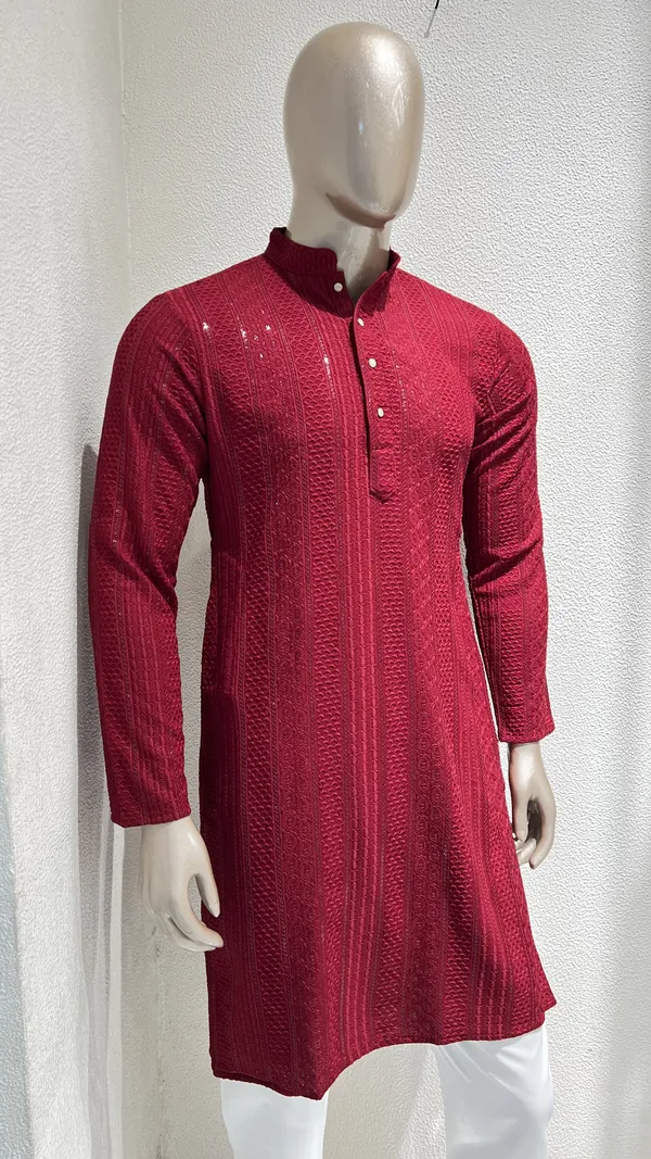 Mens_Maroon_Striped_Patterned_Embroidered_Kurta